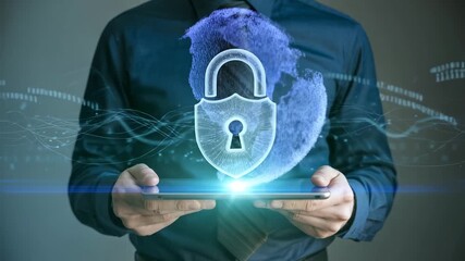 Man holding tablet with digital shield and globe for cybersecurity concept - Powered by Adobe