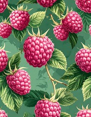 Vivid, digitally painted pattern featuring ripe pink raspberries and green foliage