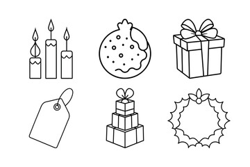 Festive Holiday Icons Black and White Outline Set