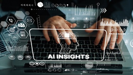 Person Using Laptop with AI Insights Graphic and Futuristic Data Interface Visual Elements. Asymptotic smart data analytic.