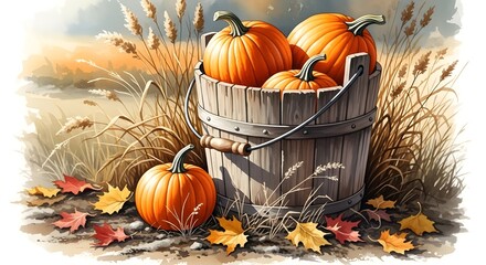 A rustic wooden bucket overflowing with ripe pumpkins, surrounded by dry grass and fallen autumn leaves, evoking a quintessential fall harvest scene