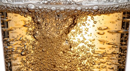 A macro shot shows a cascade of tiny golden bubbles rising and swirling within a clear liquid. The effervescence creates a dynamic and refreshing abstract pattern