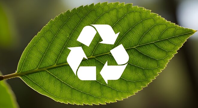 A white recycling symbol is superimposed on a vibrant green leaf, symbolizing environmental protection and sustainability