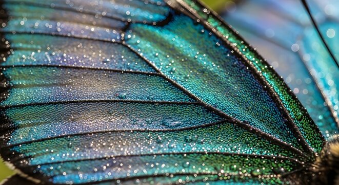 An extreme close-up of a butterfly's wing showcasing iridescent blue and green scales detailed with tiny droplets and subtle sparkle