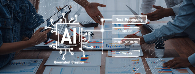 A dynamic scene of professionals collaborating with AI technology, showcasing data visualizations...