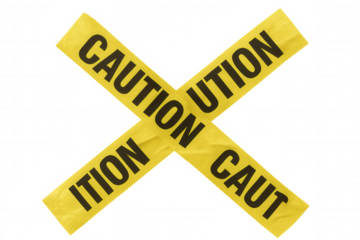 Yellow caution tape forming an x-shape, indicating a restricted area, danger, or crime scene. Transparent background for easy use