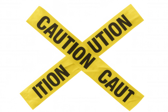 Yellow caution tape forming an x-shape, indicating a restricted area, danger, or crime scene. Transparent background for easy use