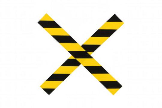 Crossing caution tape forming an x symbol. Warning and danger barrier concept on transparent background