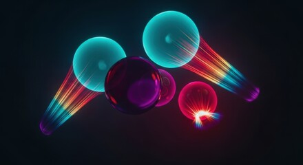 Dynamic turquoise, deep purple, and crimson light orbs floating in dark void, glowing spectrum trails, moody cinematic lighting, fine art photography style 