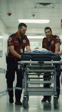 Medical team rushing a patient on a gurney through a busy ER hallway