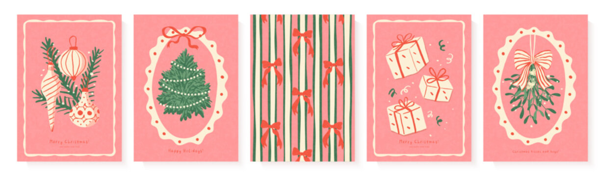 Set of Christmas vertical greeting cards with festive ornaments, decorated fir tree, red ribbon pattern, gift boxes, and mistletoe branch, for season celebration, vector illustration.