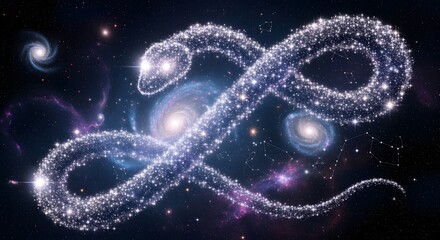 A luminous serpent constellation formed by countless sparkling points of light, set against a backdrop of distant swirling galaxies and nebulae in the vastness of outer