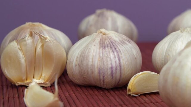 Several heads of garlic rotates on violet background. Garlic, Allium sativum, species of bulbous flowering plants in genus Allium. Garlic - healthy product with many beneficial properties for health