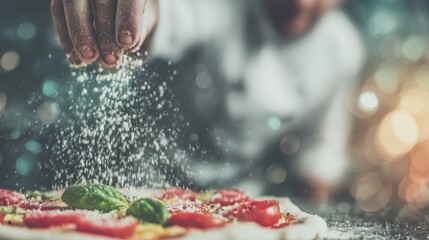 Chef preparing a pizza with fresh ingredients and seasoning