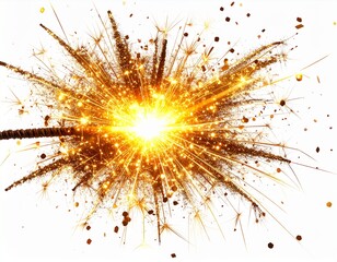 Sparkling Diwali crackers burst, golden sparks and glitter, isolated on white backgro