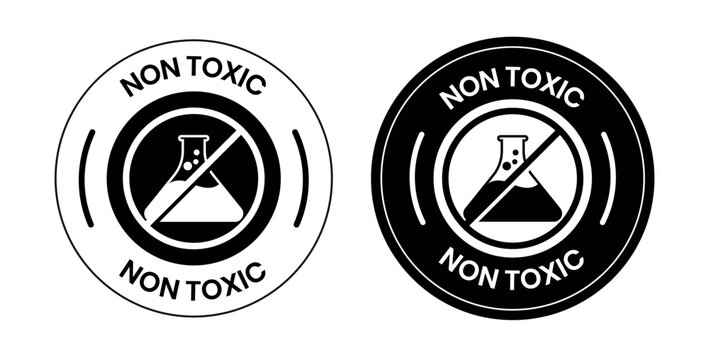 Set of four circular non toxic labels with leaf symbol in black white and green color variations for product packaging safety. Dairy free logo, label, badge, symbol, banner, isolated illustration. 