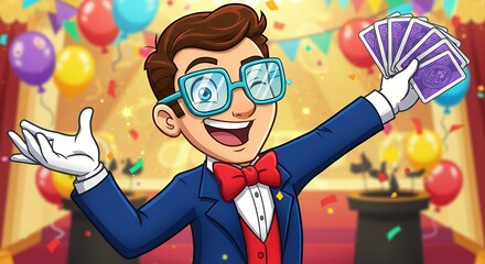 Magician performing with cards on a festive background cartoon illustration