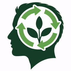Green thinking mind with growing plant and recycling arrows symbolizing environmental consciousness and sustainability.