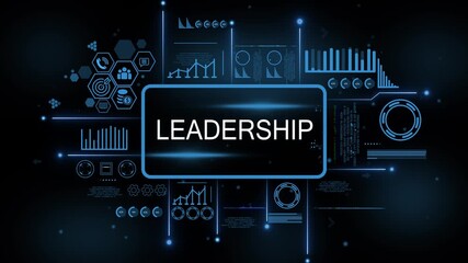 Digital Leadership interface with data analytics charts graphs and icons for business technology and finance concepts. 4k motion video. isolated on black background. - Powered by Adobe