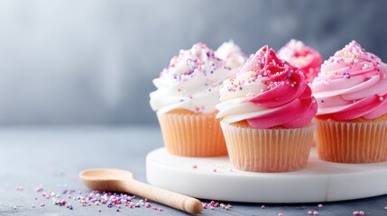 Delicious pink and white cupcakes with sprinkles on a wooden platter