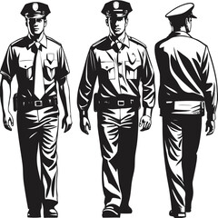 Black and white shows a caucasian officer wearing a uniform while walking ahead confidently