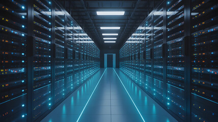 Digital Corridor Symmetrical View Down a Data Center Aisle Lined with Server Racks and Blue Neon Light Server Farm Gateway Futuristic Interior of a Web Hosting Facility with Glowing Security Floor