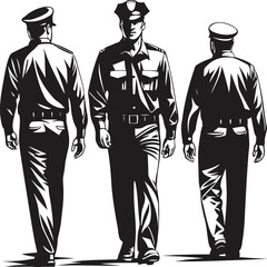 Policeman in uniform walks forward as two more officers walk away in monochrome