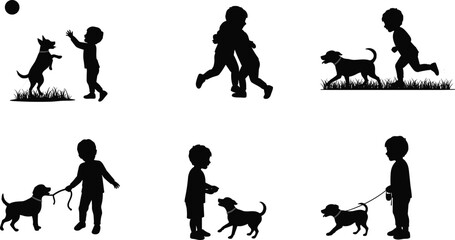 Silhouette of children playing with dogs, outdoor fun, friendship, childhood joy, pet love, happy kids and animals together illustration