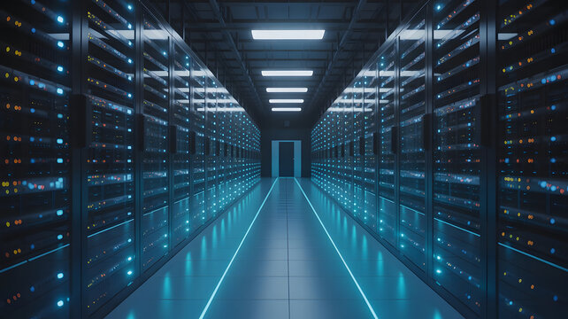 Digital Corridor Symmetrical View Down a Data Center Aisle Lined with Server Racks and Blue Neon Light Server Farm Gateway Futuristic Interior of a Web Hosting Facility with Glowing Security Floor