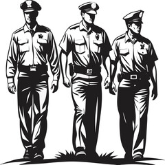 Three police officers walk forward wearing caps and uniforms in black and white