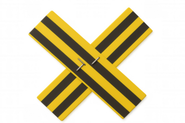 Yellow and black striped caution tape forming a cross, stapled, signaling warning and danger, on transparent background