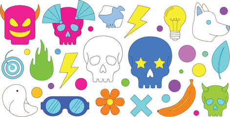 Colorful cartoon vector illustration with skulls and other objects editable vector