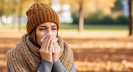 Unwell Woman with Tissue in Autumn Park, Flu and Cold Concept for flu & cold prevention blogs, health awareness campaigns, lifestyle magazines, healthcare websites, pharmacies, medical ads, marketing