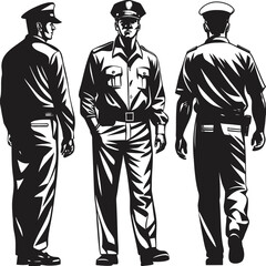 Three monochrome depictions feature a police officer in different views and angles