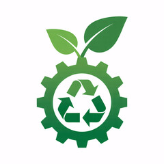Sustainable industry innovation with green recycling gear and growing leaves symbolizing eco-friendly progress and environmental responsibility