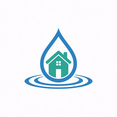 Professional modern logo design for home water services, plumbing, and conservation with a stylized house and water drop.