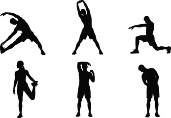 Silhouette of people stretching before workout, fitness exercise poses, warm up routine, healthy lifestyle, body flexibility and gym training illustration