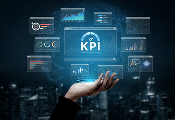 A business intelligence dashboard displaying various Key Performance Indicators (KPI). The data visualization tracks business metrics and measures performance against goals. Fermion