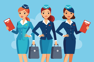 Three happy flight attendants stand with suitcases and reports against a light blue background