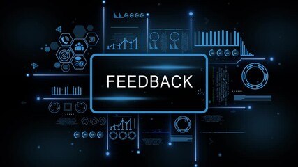 Digital Feedback interface with data analytics charts graphs and icons for business technology and finance concepts. 4k motion video. isolated on black background. - Powered by Adobe