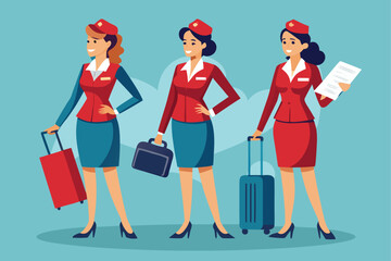 Three smiling air stewardesses walk together with luggage against a plain blue background in uniform