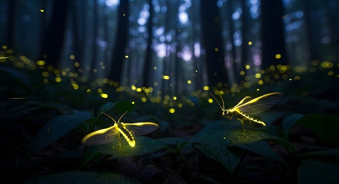A magical scene unfolds on a forest floor as dusk settles, with numerous glowing insects creating a spectacle of light against dark foliage and tall trees - Powered by Adobe