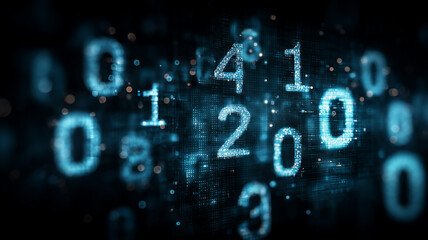Large illuminated digits over a matrix indicate a digital interface for analytics dashboards data visualization and real time monitoring
