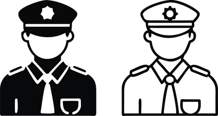 Two monochrome line drawings depict a police officer wearing a hat and uniform