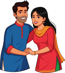 Traditional couple illustration, man and woman holding hands, cultural attire artwork, festive celebration, lifestyle concept, romance, happiness, family connection, love