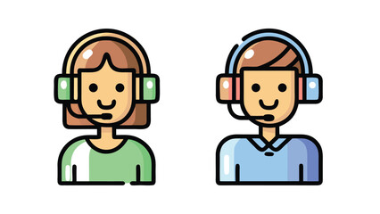 Smiling woman and man wearing headset microphone icons for customer service assistance