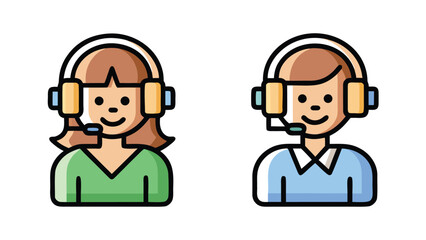 Two call center agents smile wearing headsets isolated on a white background with cheerful expressions