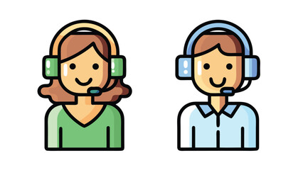 Cartoon woman and man wearing headsets smile in a simple outlined modern icon style