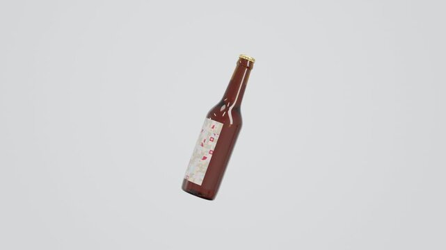 3D abstract background showing a brown glass beverage bottle rotating on white surface with geometric label pattern and soft light reflections, modern minimal product visual