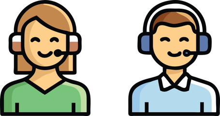 Smiling Caucasian male and female wearing headsets with microphones are displayed side by side